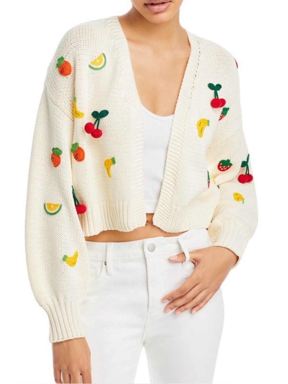 AQUA
Fruit Embroidered Cropped Cardigan, medium